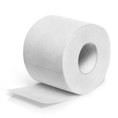 Single roll of white toilet paper, isolated on white background