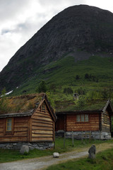 Fototapeta na wymiar Travel to Norway, houses with roofs overgrown with grass stand at the foot of the mountain
