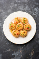 Sev puri - Indian snack and a type of chaat. Popular in Mumbai/pune from Maharashtra. it's a roadside food also served as a starter in restaurants