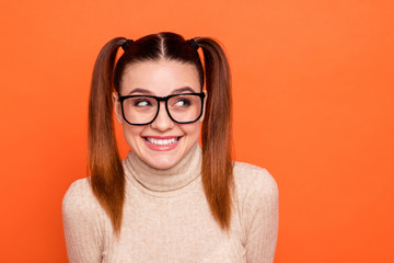 Close up photo charming cute youth millennial college lady studying learning ponder minded have free time rest relax weekend wears specs fashionable trendy turtleneck enjoy isolated orange background