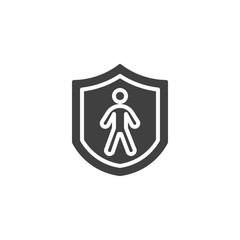Human life insurance vector icon. filled flat sign for mobile concept and web design. Man and safety shield glyph icon. Symbol, logo illustration. Vector graphics