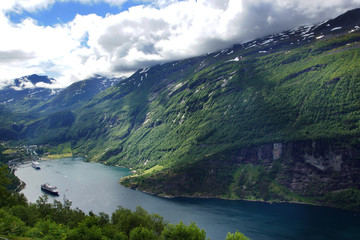 Naklejka na ściany i meble Travel to Norway, the great fjord, ends in the town where large tourist liners stick.