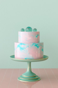 3D rendering of a pink and turquoise marbled mirror glaze cake topped with transparent sugar spheres on cake stand