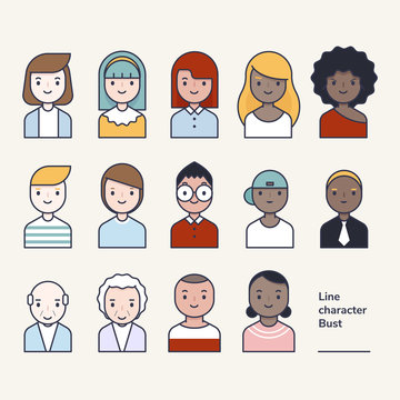 A set of outline style avatar characters. flat design style minimal vector illustration.