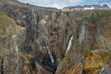 Nature and landscape of Norway, canyon waterfall panorama Voringfossen and Tysvikofossen