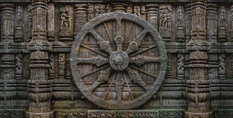 Fototapeta na wymiar Konark Sun Temple,Stone wheel engraved,built Konark Sun Temple in Orissa,India