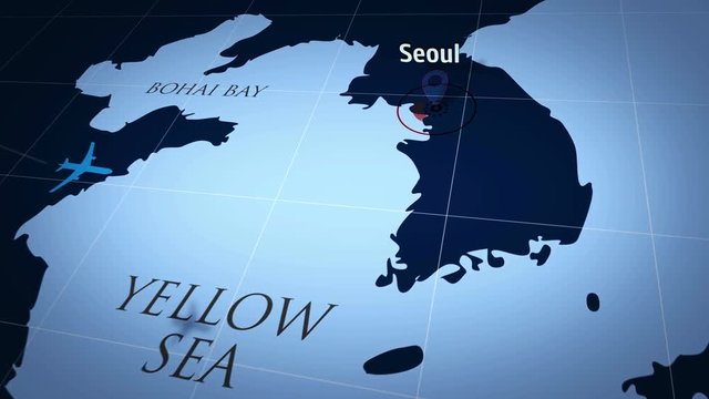 Seoul on simple blue map. Plane symbol with trail flight over atlas chart with city marked by pushpin. Airplane icon moving on maps 3d animation.