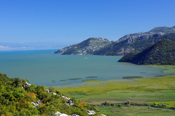 Fototapeta na wymiar Travel to Montenegro, top view of the Skadar lake and mountains