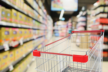 Empty shopping cart with abstract blur supermarket discount store aisle and product shelves interior defocused background