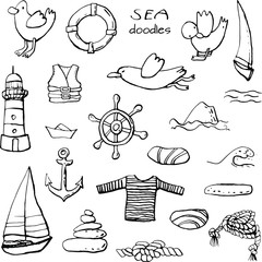 Collection of sea marine ink doodles on white backdrop. Vector stock set. Cute marine icons. Can be used for printed materials. Vacation holiday background. Hand drawn design elements. Festive card.