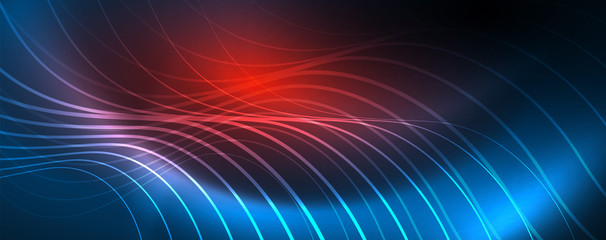 Obraz premium Trendy neon blue abstract design with waves and circles. Neon light glowing effect. Abstract digital background.
