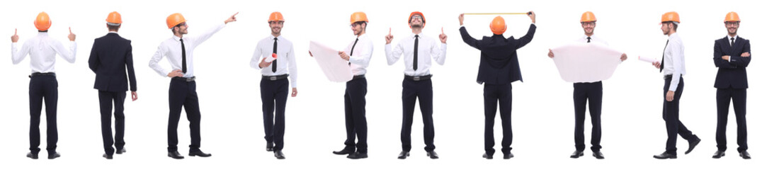 panoramic photo collage of confident architect isolated on white