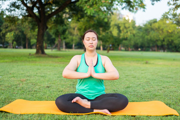 Fototapeta na wymiar Portrait of gorgeous young woman practicing yoga outdoor.
