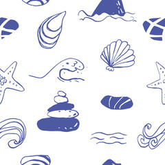 Collection of sea marine ink doodles on white backdrop. Seamless pattern. Endless texture. Can be used for printed materials. Vacation holiday background. Hand drawn design elements. Festive print.
