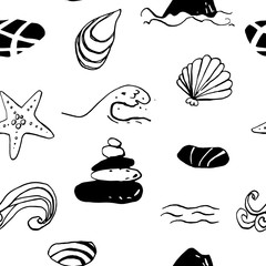 Collection of sea marine ink doodles on white backdrop. Seamless pattern. Endless texture. Can be used for printed materials. Vacation holiday background. Hand drawn design elements. Festive print.