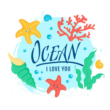 Vector illustration with sea animals and plants.