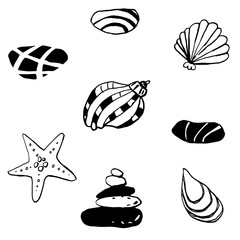 Collection of sea marine ink doodles on white backdrop. Stock set. Cute marine icons. Can be used for printed materials. Vacation holiday background. Hand drawn design elements. Festive card.