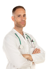 Young doctor wearing a white gown and with a stethoscope