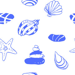 Collection of sea marine ink doodles on white backdrop. Seamless pattern. Endless texture. Can be used for printed materials. Vacation holiday background. Hand drawn design elements. Festive print.