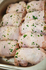 Meat products: cutlets, stuffed cabbage, meatballs in bacon. Fresh appetizing meat store products in metal trays