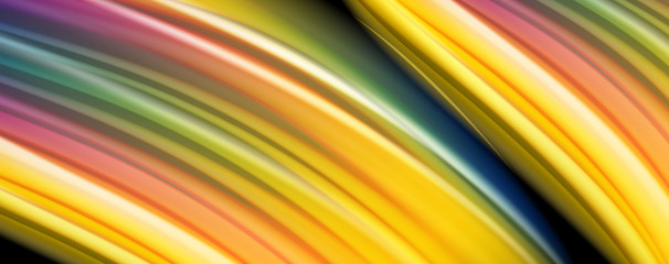 Abstract wave lines fluid rainbow style color stripes on black background. Artistic illustration for presentation, app wallpaper, banner or poster