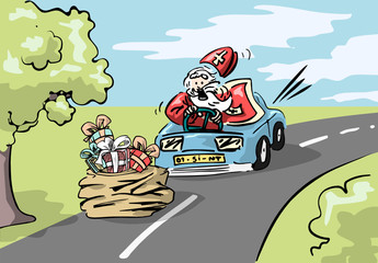 Sinterklaas illustratie - grappige vector van Sint die in een auto rijdt