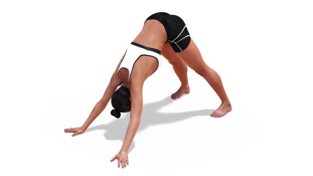 Woman in a Yoga Downward Facing Dog Pose in Rotation with a White Background