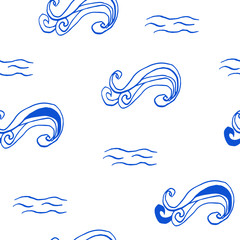 Obraz premium Collection of sea marine ink doodles on white backdrop. Seamless pattern. Endless texture. Can be used for printed materials. Vacation holiday background. Hand drawn design elements. Festive print.