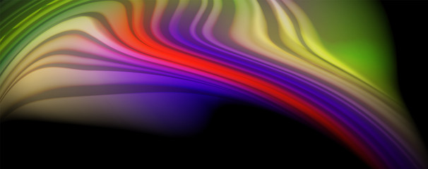 Modern rainbow liquid color flow colorful poster. Wave Liquid shape in black color background. Abstract composition
