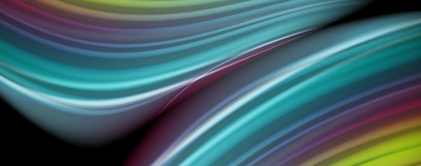 Modern rainbow liquid color flow colorful poster. Wave Liquid shape in black color background. Abstract composition