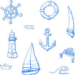Collection of sea marine ink doodles on white backdrop. Vector stock set. Cute marine icons. Can be used for printed materials. Vacation holiday background. Hand drawn design elements. Festive card.