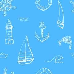 Collection of sea marine ink doodles on blue backdrop. Seamless pattern. Endless texture. Can be used for printed materials. Vacation holiday background. Hand drawn design elements. Festive print.