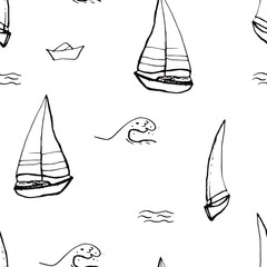 Collection of sea marine ink doodles on white backdrop. Seamless pattern. Endless texture. Can be used for printed materials. Vacation holiday background. Hand drawn design elements. Festive print.