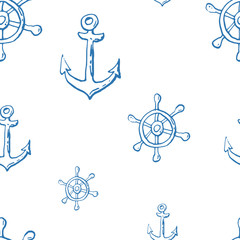 Collection of sea marine ink doodles on white backdrop. Seamless pattern. Endless texture. Can be used for printed materials. Vacation holiday background. Hand drawn design elements. Festive print.