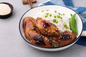 Chinese food fried chicken wings with rice