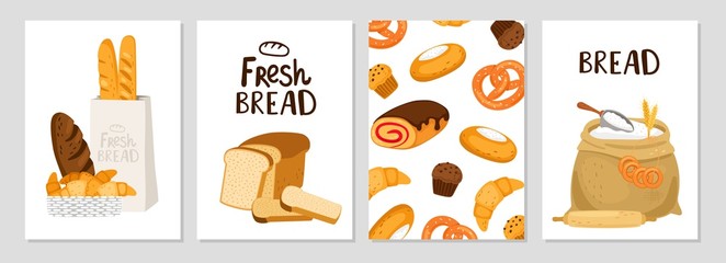 Fresh bread cards. Vector bread, buns, cakes banners template. Bakery design elements