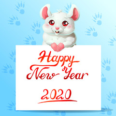 Fototapeta na wymiar White cute mouse and banner on blue