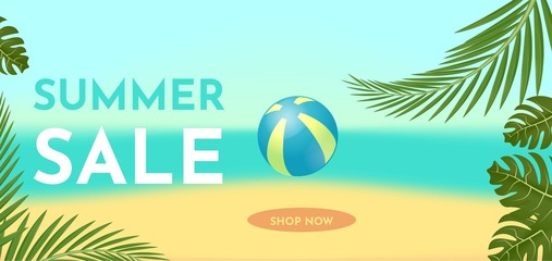 Fototapeta na wymiar Summer sale banner template with tropic leaves. Hot offer concept. Vector illustration.