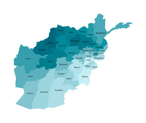 Vector isolated illustration of simplified administrative map of Afghanistan. Borders and names of the provinces. Colorful blue khaki silhouettes
