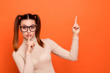 Portrait curious funky geek choose speechless pigtail funny quiet stop ponytails no private...