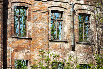 Fototapeta na wymiar Wall of abandoned brick building overgrown with grass and trees