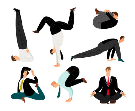 Businessman yoga. Suit meditation and zen relax business man poses, office exercising positions for human health, relaxing and stress control vector illustration isolated on white