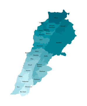 Vector isolated illustration of simplified administrative map of Lebanon. Borders and names of the districts. Colorful blue khaki silhouettes