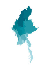 Vector isolated illustration of simplified administrative map of Myanmar. Borders of the regions. Colorful blue khaki silhouettes