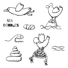 Collection of sea marine ink doodles on white backdrop. Stock set. Cute marine icons. Can be used for printed materials. Vacation holiday background. Hand drawn design elements. Festive card.