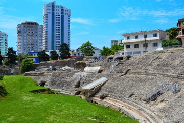 The Amphitheatre of Durres (latin: Amphitheatrum Dyrrhachium). Ruins of the ancient Roman...