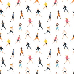 Seamless pattern with running people or athletes on white background. Backdrop with men and women performing physical exercise. Flat cartoon colorful vector illustration for wrapping paper, wallpaper.