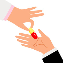 Human hands giving and receiving pill medicine drug, vector illustration