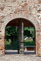   Gate to the castle. Castle complex in the city of Mir. Brick and masonry.  