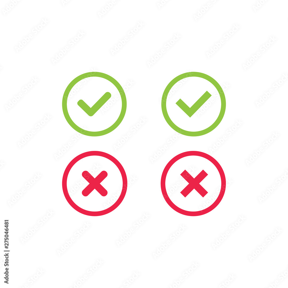 Aufkleber a set of four simple web check mark buttons: green check and red cross in two variants - square and 